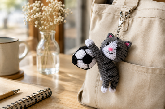 Handmade Crochet Cat Soccer Keychain