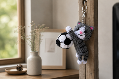 Handmade Crochet Cat Soccer Keychain