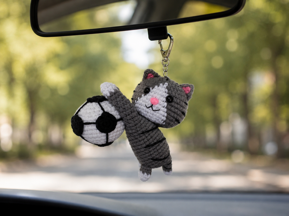 Handmade Crochet Cat Soccer Keychain