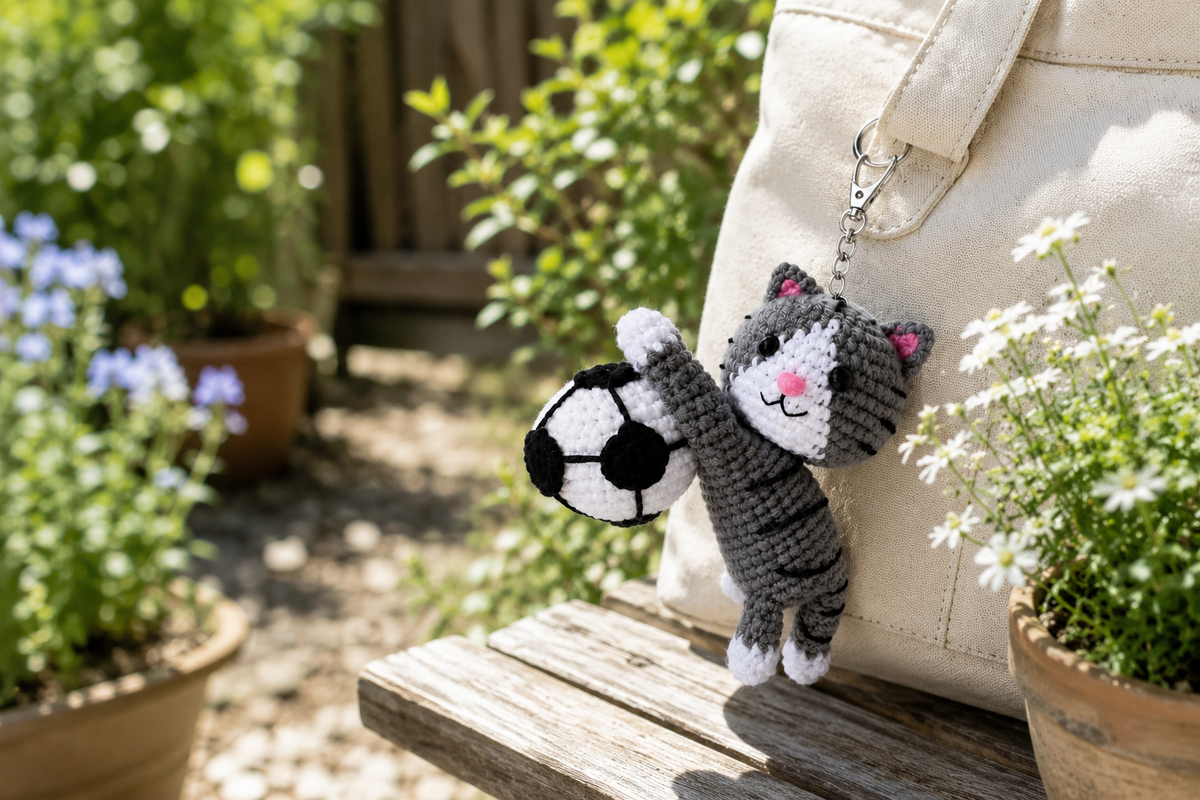 Handmade Crochet Cat Soccer Keychain