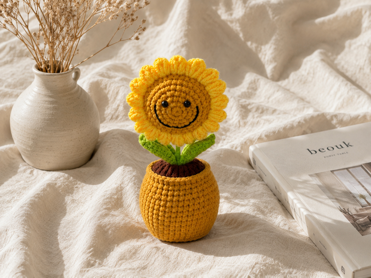 Crochet Sunflower Pot with Smile Face