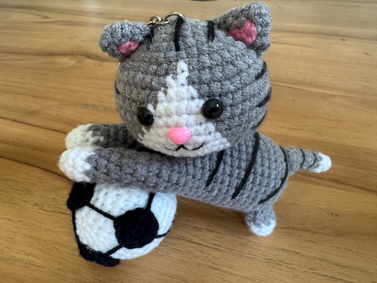 Handmade Crochet Cat Soccer Keychain